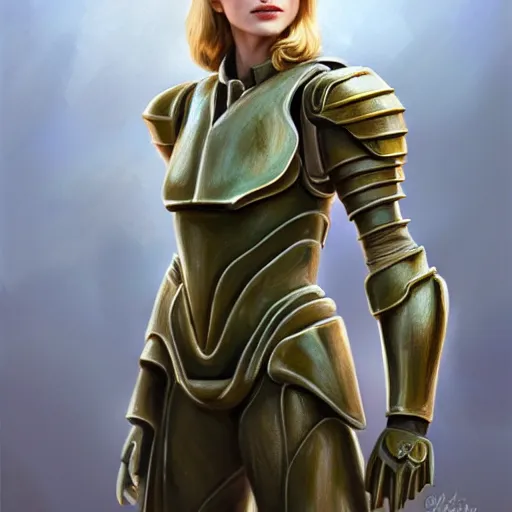 Image similar to A combination of Grace Kelly's and Emma Watson's and Ashley Greene's appearances with blonde hair wearing Master Chief's armor, full body portrait, western, D&D, fantasy, intricate, elegant, highly detailed, digital painting, artstation, concept art, matte, sharp focus, illustration, art by Donato Giancola and James Gurney