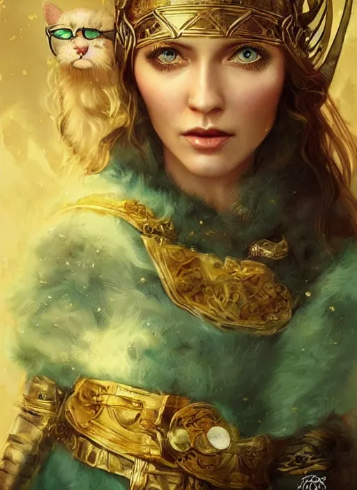 Prompt: beautiful viking woman surrounded by treasure and gold, perfect face, green eyes, golden robe, two cats in background, tom bagshaw