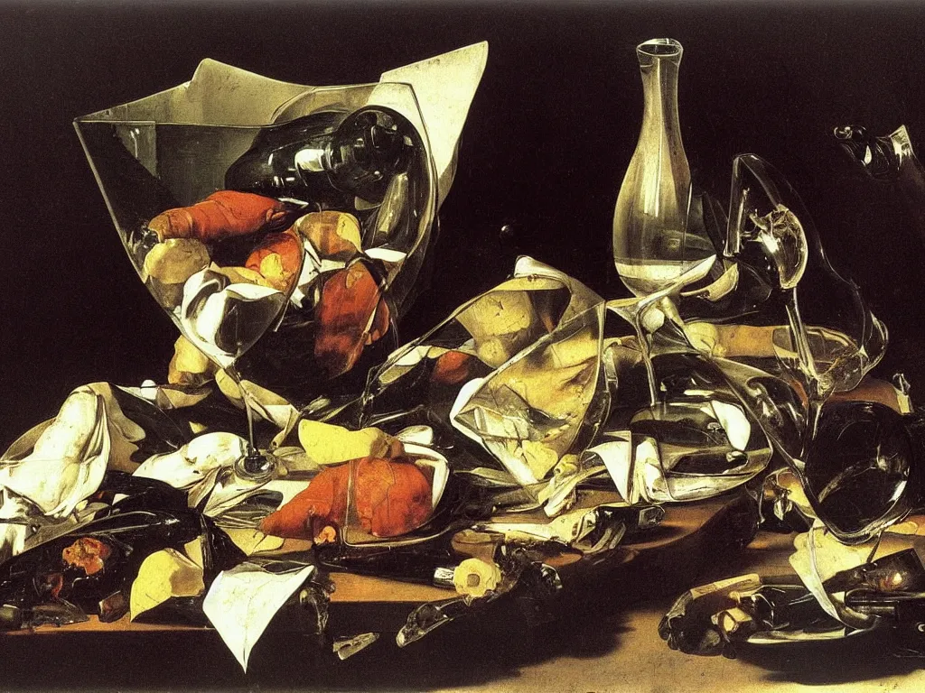 Image similar to by Michelangelo Merisi da Caravaggio Still Life with broken shattered and whole wine bottles