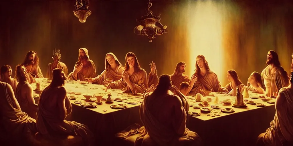 Prompt: the last supper, by Rolf Armstrong and Evelyn De Morgan and Bastien Lecouffe-Deharme, dramatic lighting, high contrast colors, baroque, empyrean, panoramic view, as trending on Artstation, highly detailed, doom engine,