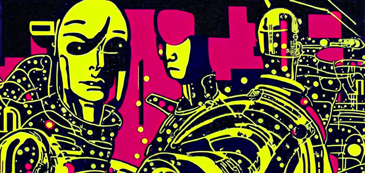 Image similar to ⚠ 👽 💉 ☠ 💢 😱 futuristic japanese cyberpunk by roy lichtenstein, by andy warhol, ben - day dots, pop art, bladerunner, pixiv contest winner, cyberpunk style, cyberpunk color scheme, mechanical, high resolution, hd, intricate detail, fine detail, 8 k