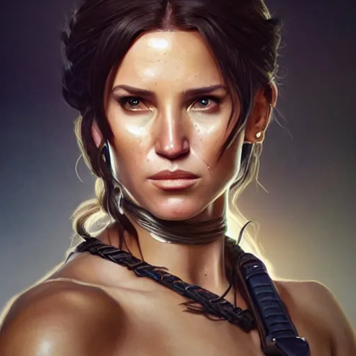 Image similar to portrait of joe biden as lara croft, feminine ethereal, handsome, D&D, fantasy, intricate, elegant, highly detailed, digital painting, artstation, concept art, matte, sharp focus, illustration, art by Artgerm and Greg Rutkowski and Alphonse Mucha