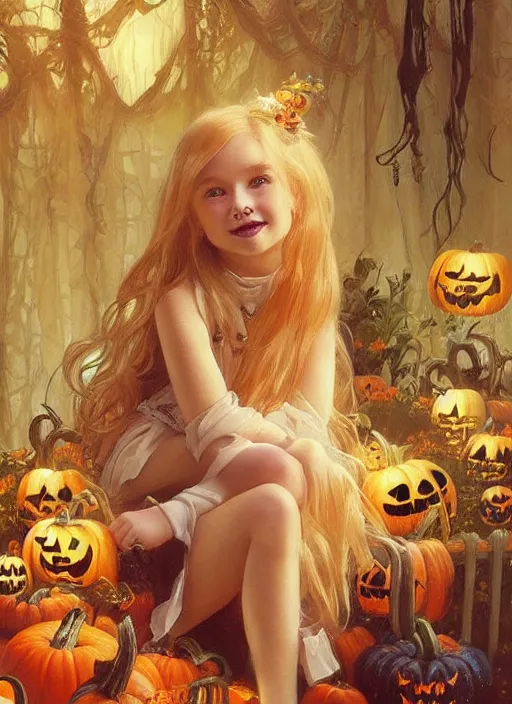 Image similar to a happy little girl with long straight golden blonde hair sitting amidst halloween decor, skulls and pumpkins. beautiful highly detailed face, beautiful painting by artgerm and greg rutkowski and alphonse mucha