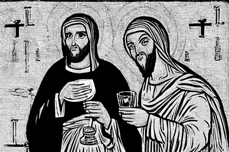 Image similar to prophet Mohamed drinking beer with Jesus