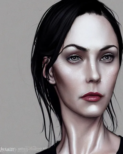 Image similar to portrait of a tall 4 0 - year - old woman, very!!! thin!!! lips, long, lush unkempt black hair, and thick eyebrows, wearing in black clothes, hyper realistic face, beautiful eyes, character art, art by mark brooks, hyperdetailed, cryengine, trending on artstation, digital art