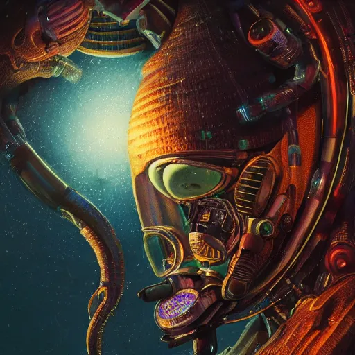 Image similar to hyperrealistic portrait of a squid monster astronaut, full body portrait, well lit, intricate abstract. cyberpunk, intricate artwork, by Tooth Wu, wlop, beeple. octane render,in the style of Jin Kagetsu, James Jean and wlop, highly detailed, sharp focus, intricate concept art, digital painting, ambient lighting, 4k, artstation