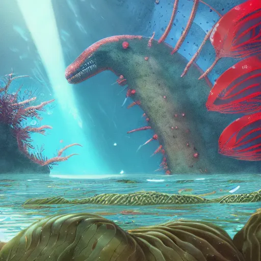 Image similar to underwater view of a strange alien world, some washed out red and green plant life, giant leviathan swimming far in the background, deep blue sea color, artstation