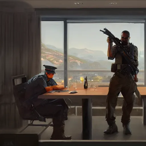 Prompt: A US marine eating crayons in a posh restaurant as a grand theft auto 5 loading screen, art by Andreas Rocha and greg rutkowski, highly detailed, digital painting, matte painting, concept art, illustration, dim lighting, trending on artstation, very detailed