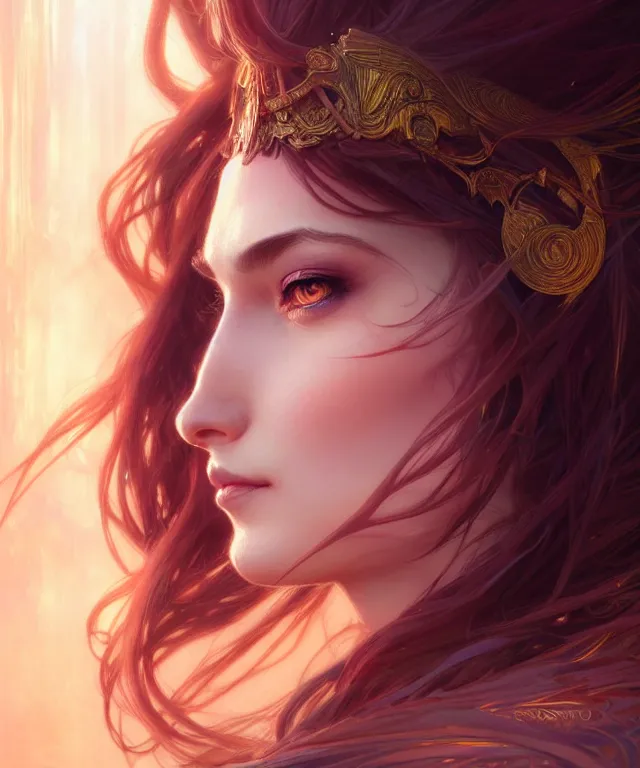 Image similar to fantasy magic woman portrait, sci-fi, amber eyes, face, long hair, fantasy, intricate, elegant, highly detailed, digital painting, artstation, concept art, smooth, sharp focus, illustration, art by artgerm and greg rutkowski and alphonse mucha