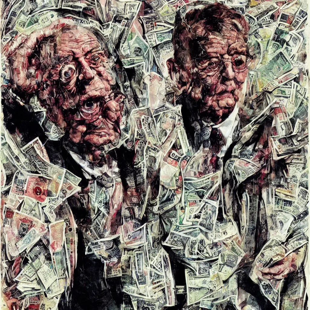 Image similar to George Soros full body shot, dollar bills Body horror, biopunk, by Ralph Steadman, Francis Bacon, Hunter S Thompson