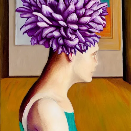 Image similar to giant flower head, woman standing in a luxury apartment, surreal, dramatic light, impressionist painting, digital painting, artstation, georgia o'keeffe