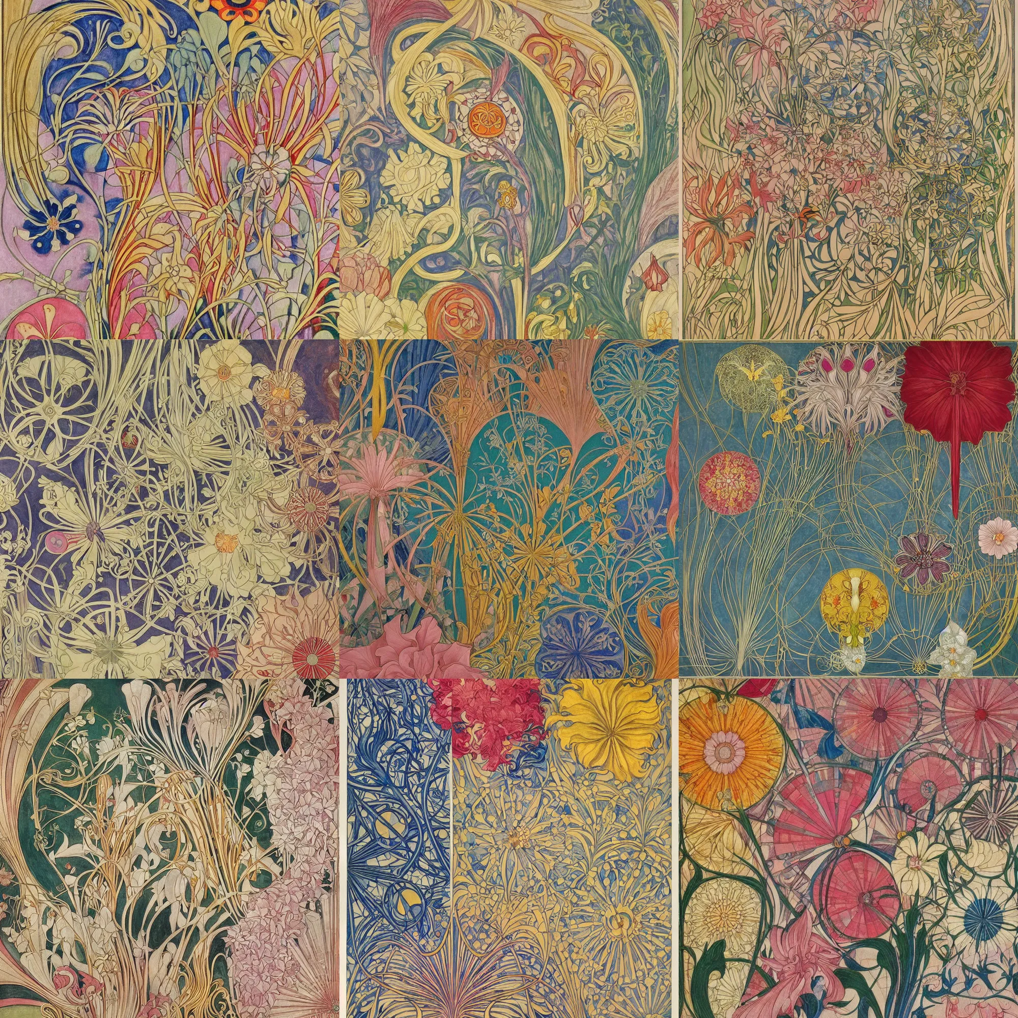 Prompt: flower ( ( art deco ) ) ( ( art nouveau ) ), intricate detail, ( colorful ), by ( hilma af klint ) and escher and ( botticelli ) and frank lloyd wright and ( james jean )