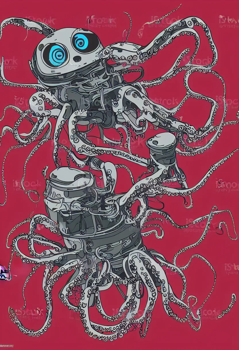 Image similar to concert poster for 'Grandpa Finger', dying robot octopus, vector art, 8k, highly detailed illustration