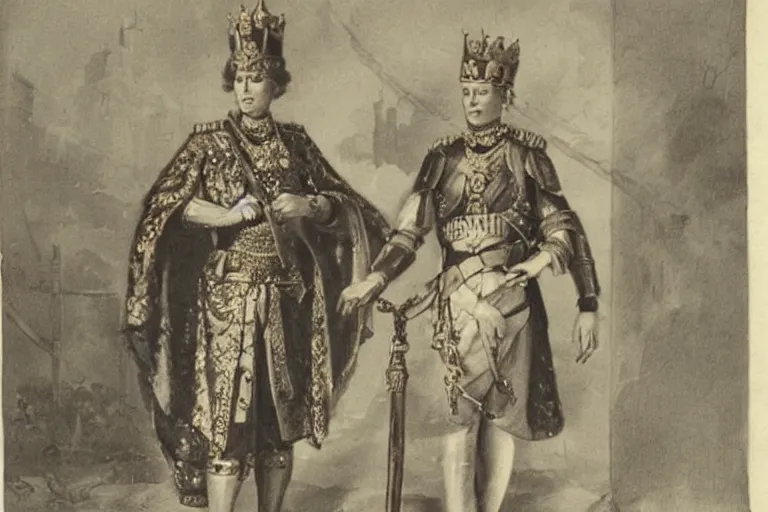 Prompt: a woman dressed as a male king in military attire, with a very feminine queen