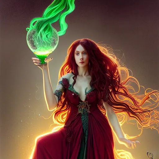 Image similar to Portrait of female sorceress with long red wavy hair and a green dress and a goblet with a glowing potion in it, epic dark fantasy, medium shot, intricate, elegant, highly detailed, digital painting, artstation, concept art, smooth, sharp focus, illustration, art by artgerm and greg rutkowski and alphonse mucha