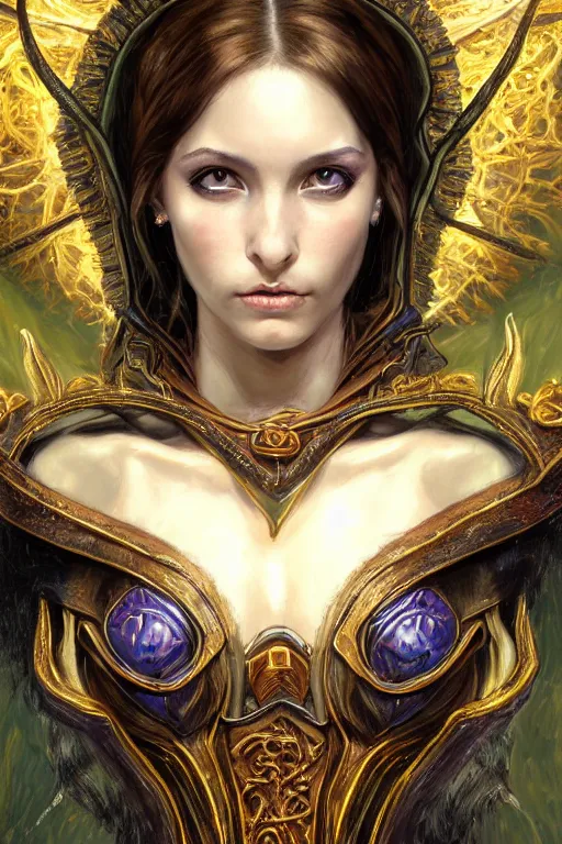 Image similar to high quality extremely detailed closeup portrait of a young gorgeous female warlock looking away from the camera, detailed eyes, sparkle in eyes, no hands visible, fantasy, d & d, intricate, painting by lucian freud and mark brooks, hd