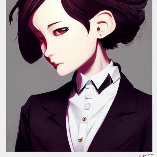 Image similar to girl in tuxedo with black chaotic wavy short haircut, elegant, 2d, ultra highly detailed, digital painting, smooth, sharp focus, artstation, art by Ilya Kuvshinov and Range Murata