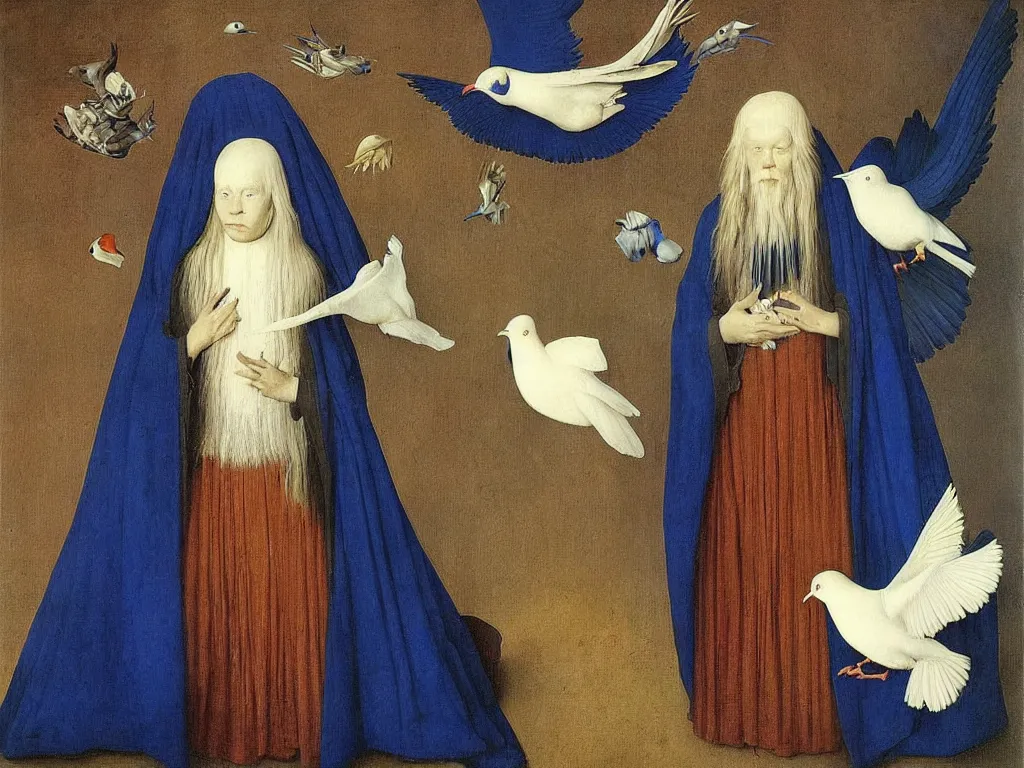 Prompt: Portrait of albino mystic with blue eyes, with beautiful exotic dove. Painting by Jan van Eyck, Audubon, Rene Magritte, Agnes Pelton, Max Ernst, Walton Ford