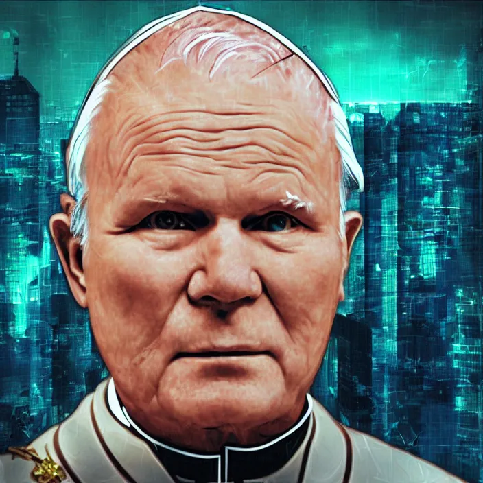 Image similar to John Paul II in cyberpunk, digital art