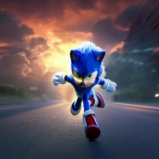 Image similar to hyperrealistic sonic the hedgehog running, stunning 3 d render inspired by istvan sandorfi & greg rutkowski & mike judge, perfect symmetry, dim volumetric cinematic lighting, 8 k octane comprehensive render, extremely mega hyper - detailed and lifelike attributes & atmosphere, intricate, realistic flesh texture, masterpiece, artstation, stunning,