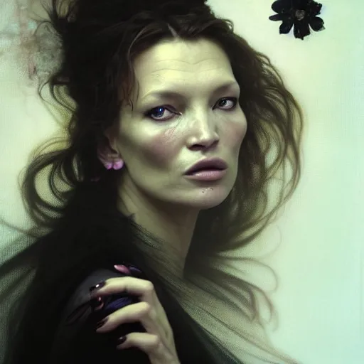 Prompt: hyperrealistic portrait of a woman as kate moss as a vampire witch tears makeup in a black flower coat turned back while closing a window over the shoulder shot portrait torn apart with falling petals in wind. by jeremy mann and alphonse mucha, fantasy art, photo realistic, dynamic lighting, artstation, poster, volumetric lighting, very detailed faces, 4 k, award winning