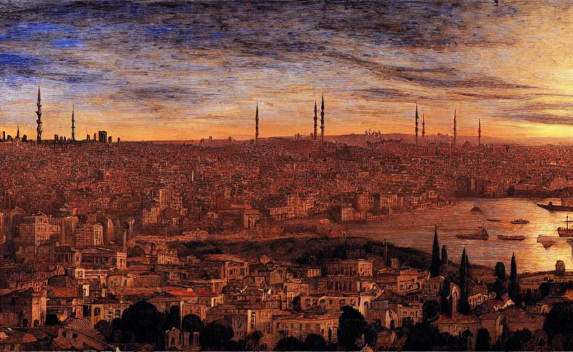 Image similar to skyline of istanbul at sunset, by edgar maxence and caravaggio and michael whelan and delacroix style, artistic, intricate drawing, cinematic lighting, hyper realistic, extremely detailed, establishing shot, 8 k resolution, dramatic lighting