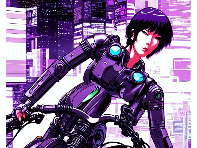 Image similar to motoko kusanagi riding a cyberpunk vehicle in a grungy cyberpunk megacity, intricate and finely detailed, cyberpunk vaporwave, by phil jimenez, ilya kuvshinov