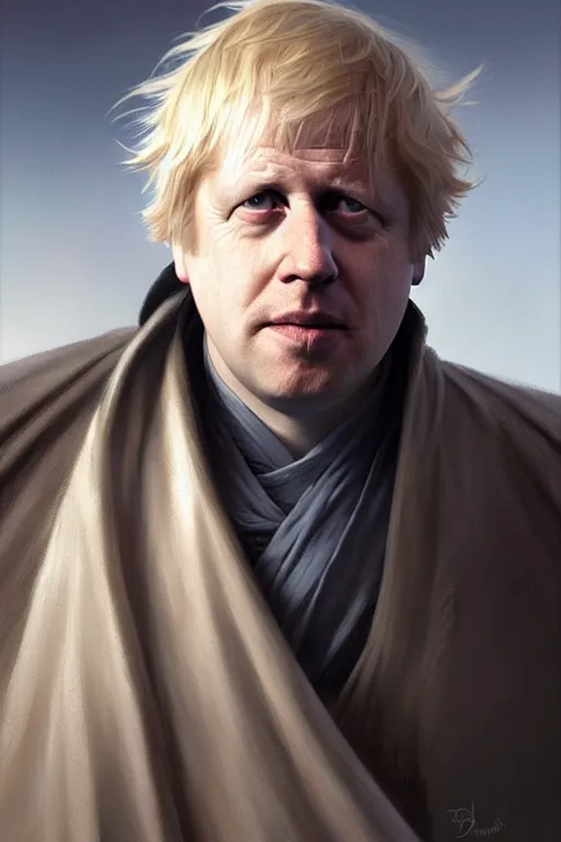 Image similar to Boris Johnson as Jedi, realistic portrait, symmetrical, highly detailed, digital painting, artstation, concept art, smooth, sharp focus, illustration, cinematic lighting, art by artgerm and greg rutkowski and alphonse mucha