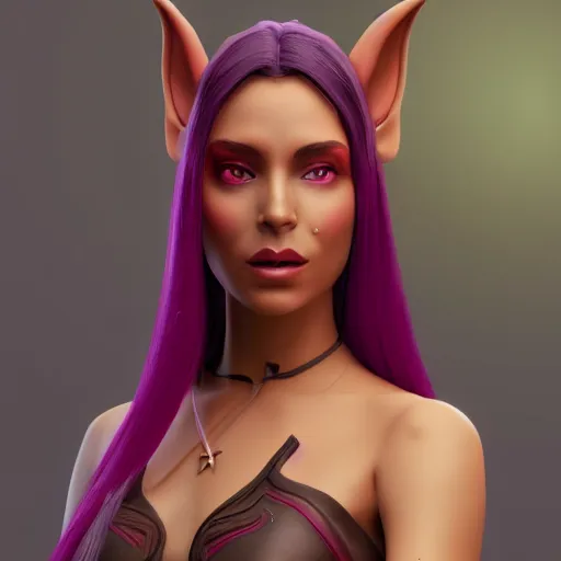 Image similar to portrait of a beautiful female high elf with tan skin, magenta eyey, dark skin. 3 d octane render trending on art station 8 k