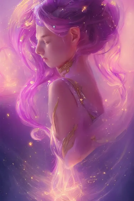 Prompt: beautiful princess Unicorn in gold and purple pink soft lighting, symmetrical portrait, high quality, cinematic by WLOP and Rossdraws, concept art of the character. Epic composition, hyperrealism, award-winning artwork, realistic hair, artstation trend, high quality printing, fine art with subtle redshift rendering