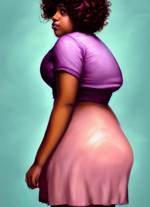 Image similar to full body portrait, teenage vanessa morgan, pink hair, brown skin, obese, curly pixie hair, sultry, realistic, short hair, hoop earrings, skirt, shirt, fat, belly, intricate, elegant, highly detailed, digital painting, artstation, concept art, smooth, sharp focus, illustration, art by wlop, mars ravelo and greg rutkowski