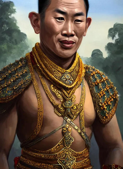 Prompt: king ramkhaheang of sukhothai, close portrait, historical, ethnic group, traditional tai costume, sukhothai headset, leather shoulder armor, fantasy, intricate, with leather armor cross onbare chest, elegant, loin cloth, highly detailed, oill painting, artstation, concept art, matte, sharp focus, illustration, hearthstone, art by earl norem