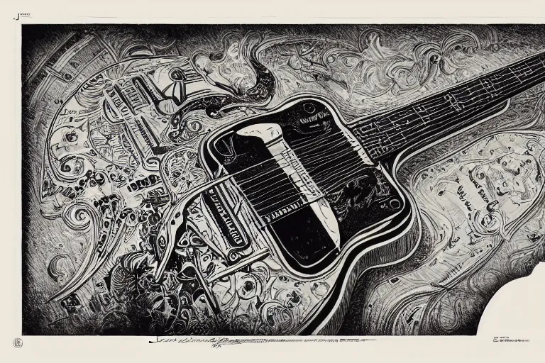 Image similar to blueprint for a guitar designed by Joe Fenton, black ink on textured paper, high detail, sketch, realistic, intricate, technical, art by Joe Fenton and syd mead