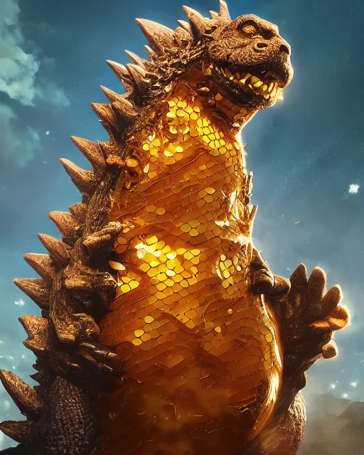 Prompt: beautiful godzilla as honey, made of honey, wearing honey - themed miniskirt, award winning creature portrait photography, extremely detailed, artstation, 8 k, sensual lighting, incredible art, wlop, artgerm, backlit, rim lighting, hi - fructose