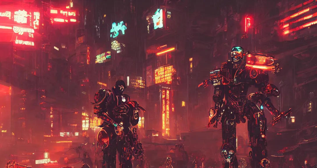 Image similar to cyberpunk robot samurai fighting cyborg cowboy, neon, apocalyptic, intricate, detailed, volumetric lighting, scenery, digital painting, highly detailed, artstation, sharp focus, illustration, concept art