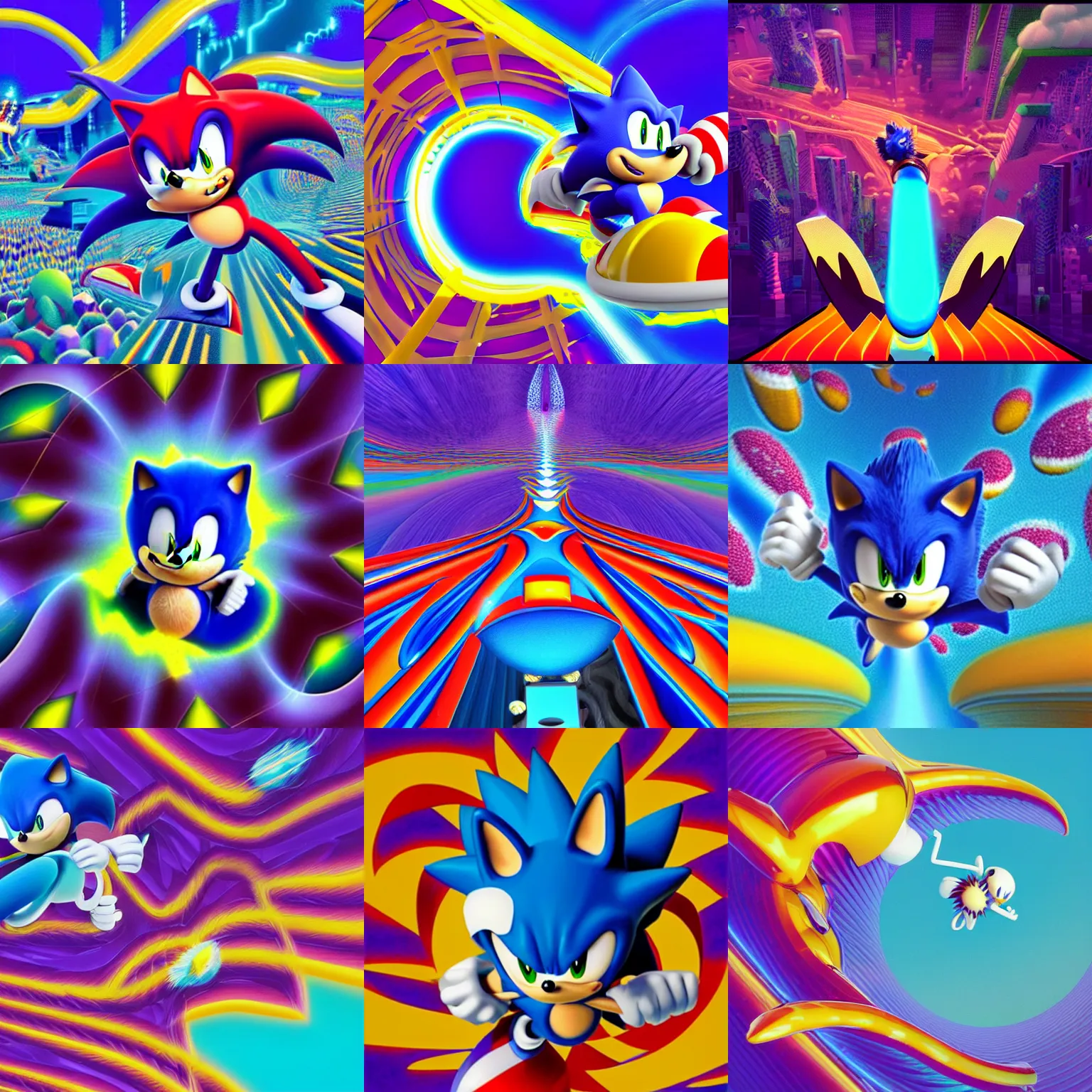Prompt: a recursive surreal sonic the hedgehog, sharp, detailed professional, high quality unreal engine hard surface render MGMT tame impala album cover of a liquid dissolving LSD DMT sonic the hedgehog surfing through cyberspace, purple checkerboard background, 1990s 1992 Sega Genesis video game album cover,
