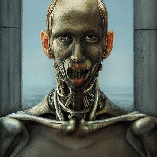 Image similar to surreal portrait of a man by Greg Rutkowski and H.R Giger, symmetrical face, he is about 30 years old, west slav features, short blonde hair with bangs, attractive, smart looking, slim, somewhat androgenic, transformed into a kind of biomechanical transhuman god, disturbing, terrifying but fascinating, with a determined and sinister expression on his face, cosmic void background, frightening, fascinating, highly detailed portrait, digital painting, book cover, artstation, concept art, smooth, sharp foccus ilustration, Artstation HQ