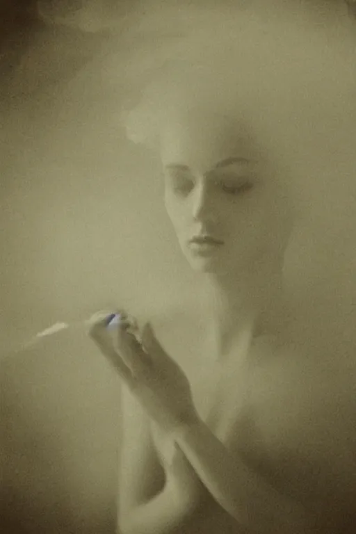 Prompt: mysterious scene of a woman enraged // detailed smoke, natural soft pale skin, innocence, sophisticated hands // noir, german expressionism, 20 century photography // old 35mm double-exposure photo, award-winning photography, grainy, cinematic, atmospheric, high contrasted // eerie, sophisticated and unsearchable masterpiece, deep shadows, balanced composition // depth of field, ambient occlusion, motion blur, HD, intricate details, sharp focus, natural textures, long exposure