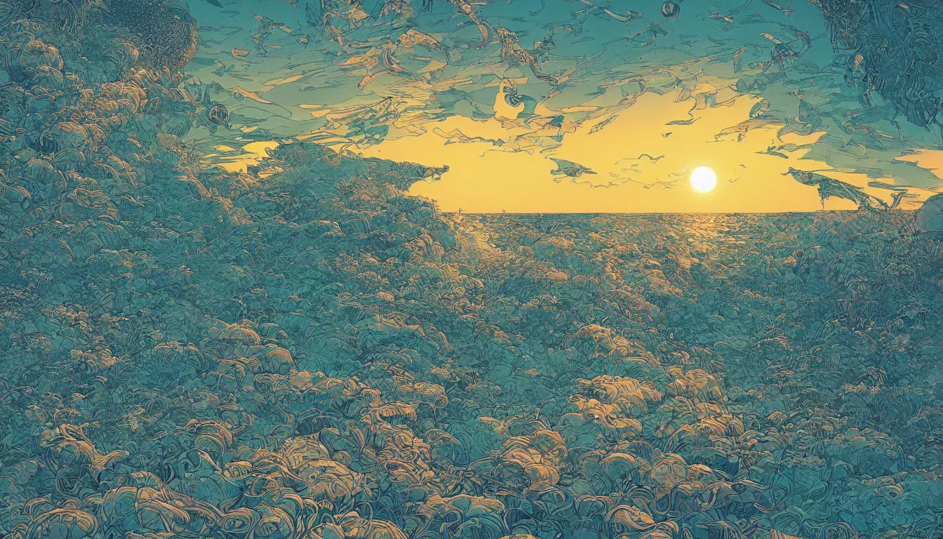 Image similar to sun setting over the beach, chinese ink brush, yukio - e, kilian eng, victo ngai, josan gonzalez