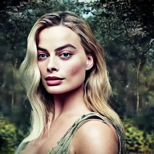 Image similar to margot robbie and nature, double exposure effect, highly detailed