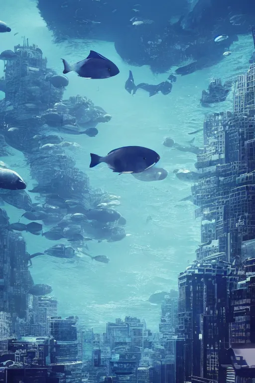 Image similar to ” marine life swimming around a huge city, overdetailed image, ultra realistic, 8 k ”