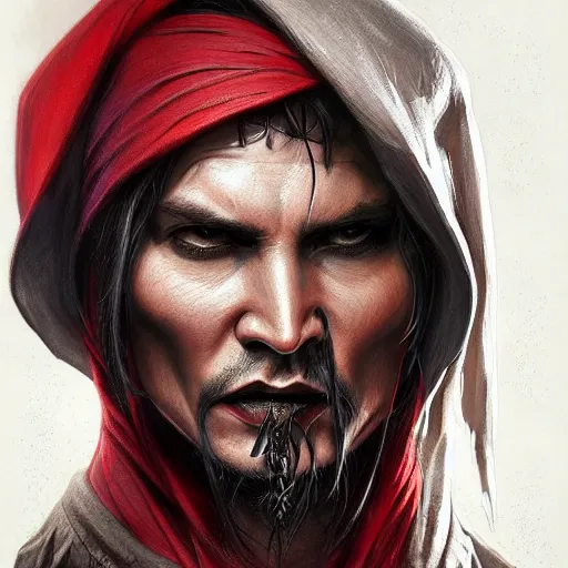 Prompt: portrait of a male tiefling with red skin wearing a black hood, slight smile, looking like johnny depp, D&D, fantasy, intricate, elegant, highly detailed, digital painting, artstation, concept art, smooth, sharp focus, illustration, art by artgerm and greg rutkowski and alphonse mucha