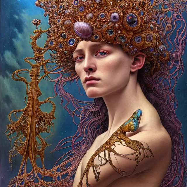 Image similar to detailed realistic beautiful young groovypunk queen of andromeda galaxy in full regal attire. face portrait. art nouveau, symbolist, visionary, baroque, giant fractal details. horizontal symmetry by zdzisław beksinski, iris van herpen, raymond swanland and alphonse mucha. highly detailed, hyper - real, beautiful