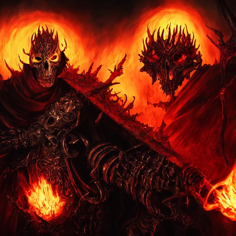 Image similar to Ghost Rider, flaming grim reaper, demons of hell, the pits of hell, headshot photo, character concept, dark souls concept art, Feng Zhu concept art, dramatic lighting, highly stylized, trending on artstation, high-quality wallpaper, desktopography