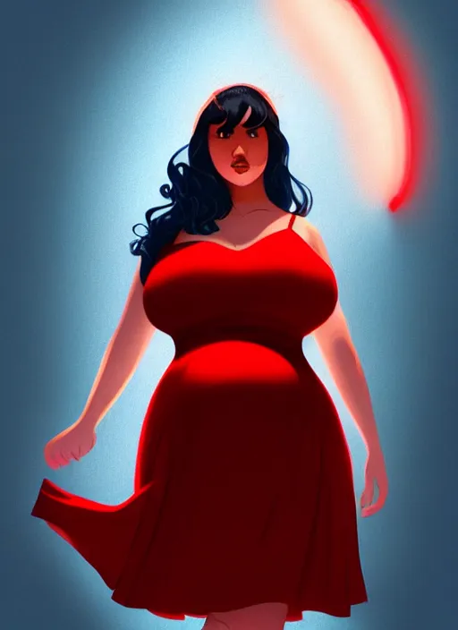 Image similar to full body portrait of teenage veronica lodge, obese, bangs, sultry, realistic, sultry smirk, wavy hair, red skirt, fat, belly, intricate, elegant, glowing lights, highly detailed, digital painting, artstation, concept art, smooth, sharp focus, illustration, art by wlop, mars ravelo and greg rutkowski