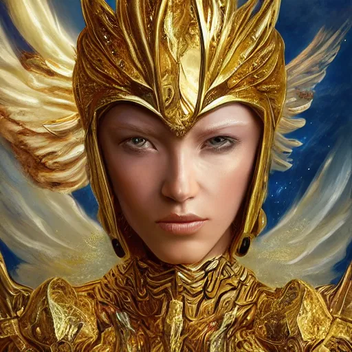 Image similar to a beautiful angel with a golden helmet wearing a silver armor with golden ornaments and diamonds jewelry, wings by alex gray and android jones, karol bak, ayami kojima, amano, concept art, character design, fantasy, 3 d, 8 k resolution