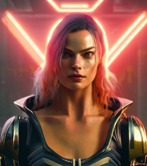 Prompt: cyberpunk 2 0 7 7, charismatic rugged female battle margot robbie - mage portrait, clothed in hooded, metal - plated battle armor atmospheric lighting painted intricate volumetric lighting, beautiful, sharp focus, ultra detailed by leesha hannigan, ross tran, thierry doizon, kai carpenter, ignacio fernandez rios