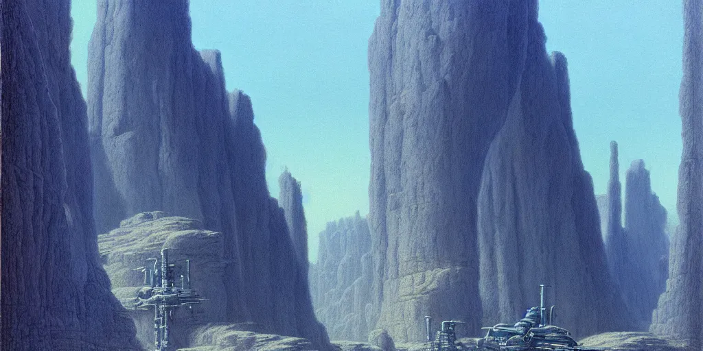 Prompt: grainy matte painting of gigantic huge mech with huge swords, pastel matte colors, staying in the toxic blue canyon, by moebius, hyperrealism, intricate detailed