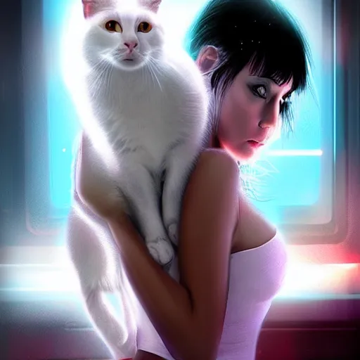 Image similar to beautiful cybergirl playing with a white cute cat in the neon room photorealistic, blade runner movie, digital art, highly detailed