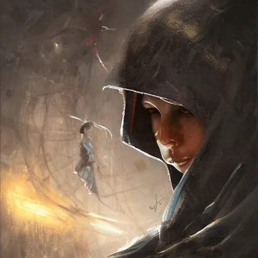 Prompt: a ninja silently waits for you by raymond swanland, highly detailed